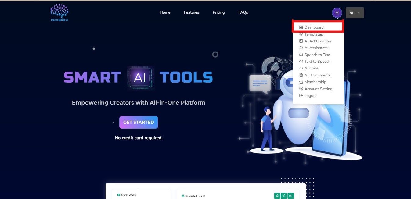thetehcbrain smart ai tools dashboard user